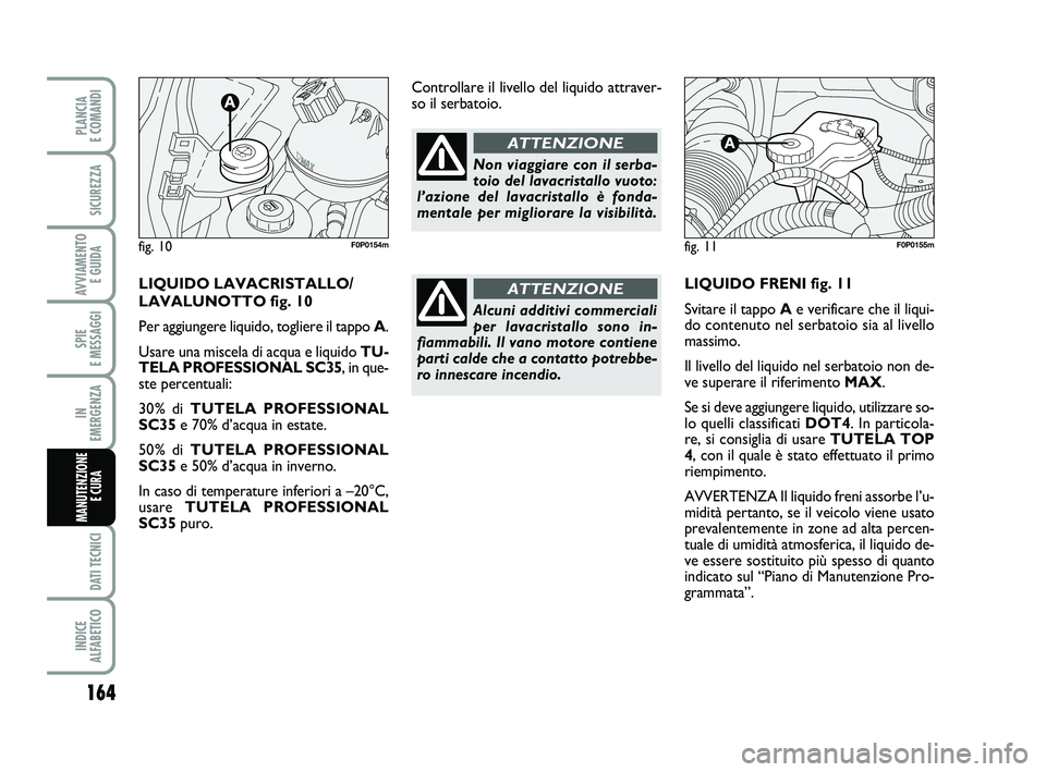FIAT SCUDO 2013 Libretto Uso Manutenzione (in Italian) 164
SPIE
E MESSAGGI
DATI TECNICI
INDICE
ALFABETICO
PLANCIA
E COMANDI
SICUREZZA
AVVIAMENTO
E GUIDA
IN
EMERGENZA
MANUTENZIONE
E CURA
LIQUIDO FRENI fig. 11
Svitare il tappo Ae verificare che il liq FIAT SCUDO 2013 Libretto Uso Manutenzione (in Italian) 164
SPIE
E MESSAGGI
DATI TECNICI
INDICE
ALFABETICO
PLANCIA
E COMANDI
SICUREZZA
AVVIAMENTO
E GUIDA
IN
EMERGENZA
MANUTENZIONE
E CURA
LIQUIDO FRENI fig. 11
Svitare il tappo Ae verificare che il liq