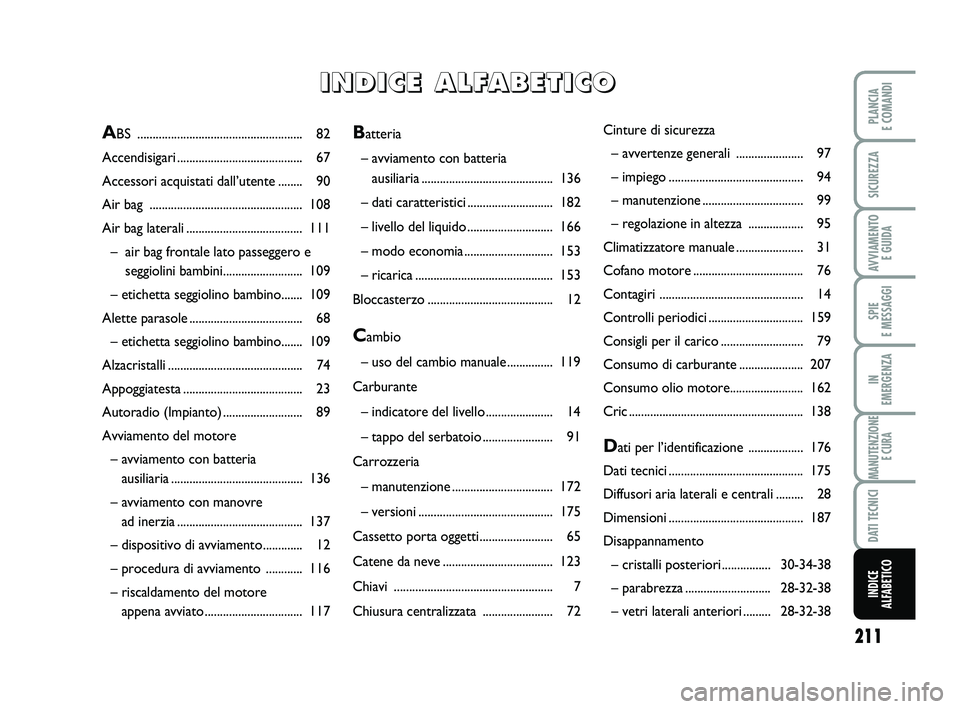 FIAT SCUDO 2013  Libretto Uso Manutenzione (in Italian) 211
SPIE 
E MESSAGGI
PLANCIA 
E COMANDI
SICUREZZA
AVVIAMENTO 
E GUIDA
IN 
EMERGENZA
MANUTENZIONE
E CURA
DATI TECNICI
INDICE 
ALFABETICO
Batteria
– avviamento con batteria
ausiliaria ................