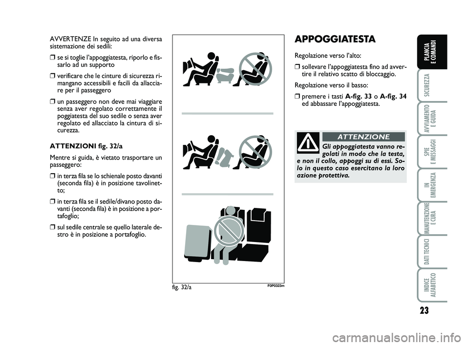 FIAT SCUDO 2013  Libretto Uso Manutenzione (in Italian) 23
SICUREZZA
AVVIAMENTO 
E GUIDA
SPIE 
E MESSAGGI
IN 
EMERGENZA
MANUTENZIONE
E CURA
DATI TECNICI
INDICE 
ALFABETICO
PLANCIA 
E COMANDI
APPOGGIATESTA
Regolazione verso l’alto:
❒sollevare l’appogg