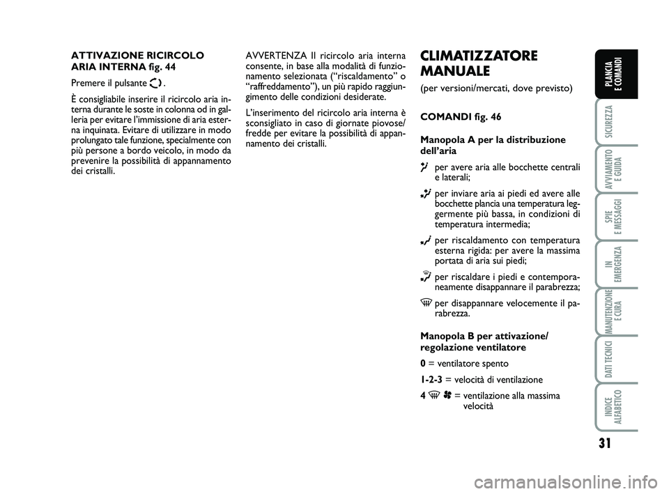 FIAT SCUDO 2013  Libretto Uso Manutenzione (in Italian) 31
SICUREZZA
AVVIAMENTO 
E GUIDA
SPIE 
E MESSAGGI
IN 
EMERGENZA
MANUTENZIONE
E CURA
DATI TECNICI
INDICE 
ALFABETICO
PLANCIA 
E COMANDI
CLIMATIZZATORE
MANUALE 
(per versioni/mercati, dove previsto)
COM