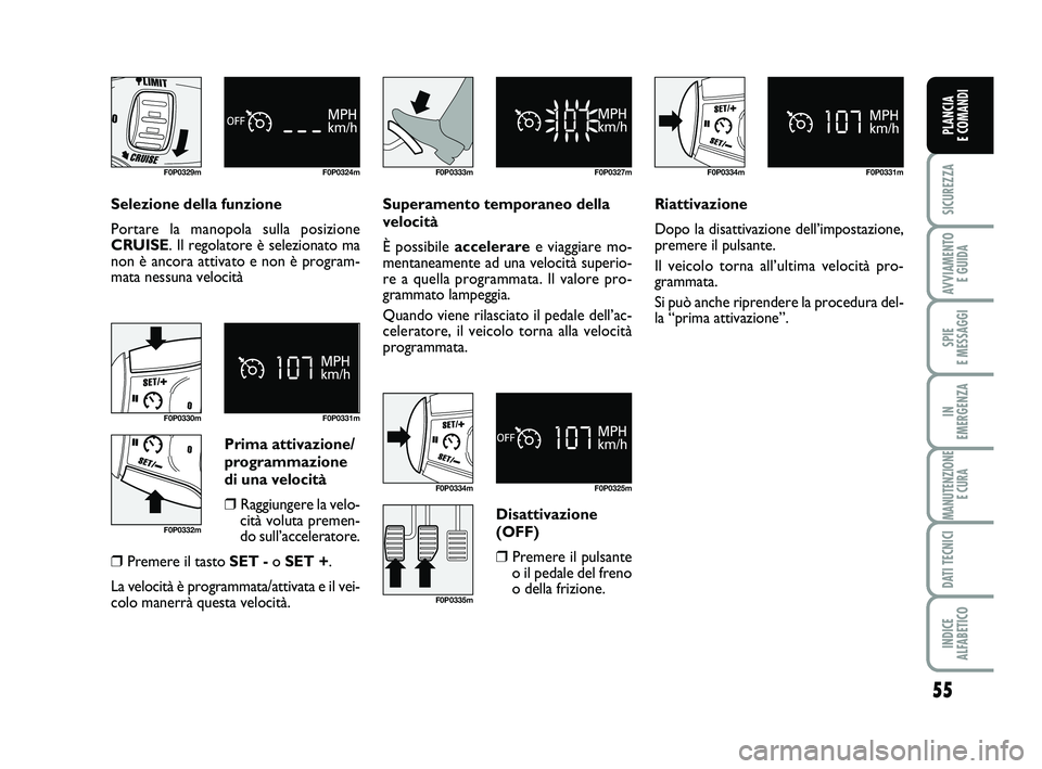 FIAT SCUDO 2013  Libretto Uso Manutenzione (in Italian) 55
SICUREZZA
AVVIAMENTO 
E GUIDA
SPIE 
E MESSAGGI
IN 
EMERGENZA
MANUTENZIONE
E CURA
DATI TECNICI
INDICE 
ALFABETICO
PLANCIA 
E COMANDI
Selezione della funzione
Portare la manopola sulla posizione
CRUI