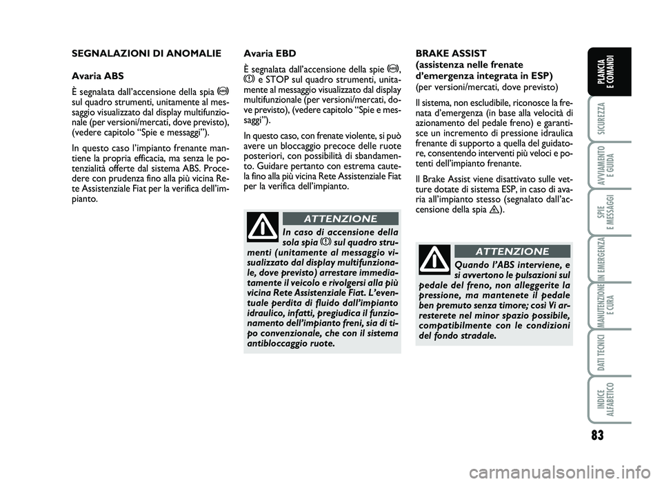 FIAT SCUDO 2013  Libretto Uso Manutenzione (in Italian) 83
SICUREZZA
AVVIA\fENTO
EGUIDA
SPIE
E\fESSAGGI
INE\fERGENZA
\fANUTENZIONE
ECURA
DATITECNICI
INDICE
AL\bABETICO
PLANCIA
ECO\fANDI
SE GNALAZ IONIDIAN OMA LIE
Avar iaABS
È se gnala tadall’acc ensio n