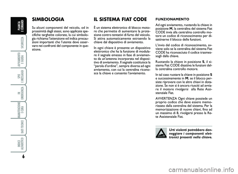 FIAT SCUDO 2013  Libretto Uso Manutenzione (in Italian) 6
S\bCUREZZA
AVV\bAMENT\f 
E GU\bDA
SP\bE 
E MESSAGG\b
\bN 
EMERGENZA
MANUTENZ\b\fNE
E CURA 
DAT\b TECN\bC\b
\bND\bCE 
ALFABET\bC\f
PLANC\bA 
E C\fMAND\b
SIM BO LO GIA
S u  a lc u ni  c o m po nen ti 