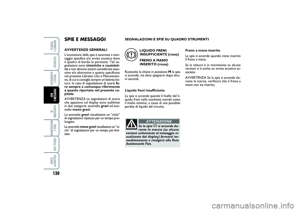 FIAT SCUDO 2014 Libretto Uso Manutenzione (in Italian) 130IN
EMERGENZAMANUTENZIONE
E CURA DATI TECNICIINDICE
ALFABETICOPLANCIA
E COMANDISICUREZZAAVVIAMENTO
E GUIDASPIE
E MESSAGGI
SPIE E MESSAGGIAVVERTENZE GENERALI
L’accensione della spia è associa FIAT SCUDO 2014 Libretto Uso Manutenzione (in Italian) 130IN
EMERGENZAMANUTENZIONE
E CURA DATI TECNICIINDICE
ALFABETICOPLANCIA
E COMANDISICUREZZAAVVIAMENTO
E GUIDASPIE
E MESSAGGI
SPIE E MESSAGGIAVVERTENZE GENERALI
L’accensione della spia è associa
