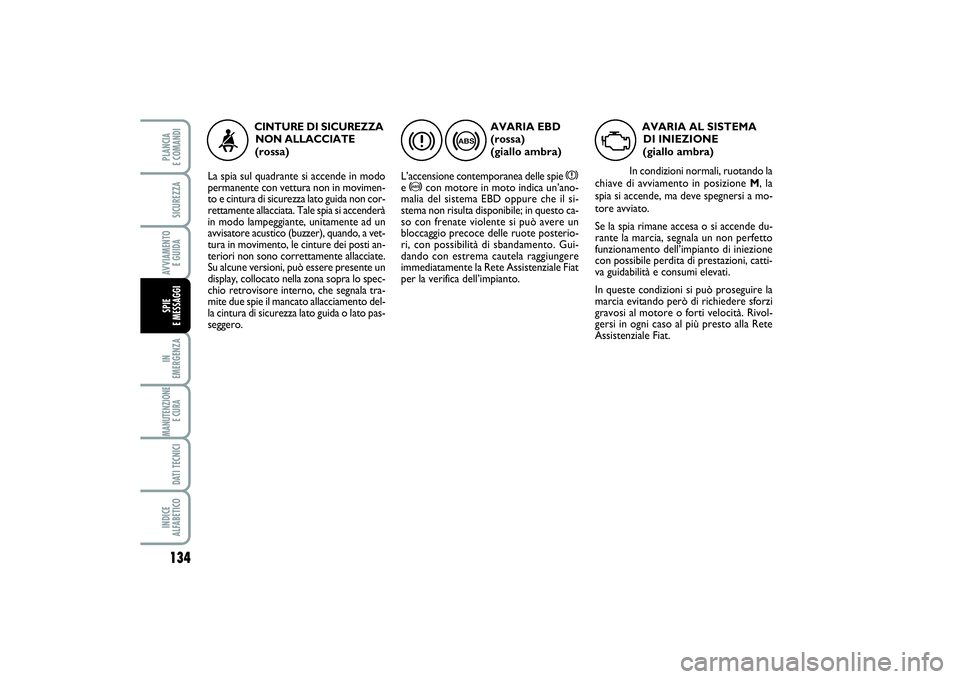 FIAT SCUDO 2014 Libretto Uso Manutenzione (in Italian) 134IN
EMERGENZAMANUTENZIONE
E CURA DATI TECNICIINDICE
ALFABETICOPLANCIA
E COMANDISICUREZZAAVVIAMENTO
E GUIDASPIE
E MESSAGGI
AVARIA EBD
(rossa)
(giallo ambra)
L’accensione contemporanea delle s FIAT SCUDO 2014 Libretto Uso Manutenzione (in Italian) 134IN
EMERGENZAMANUTENZIONE
E CURA DATI TECNICIINDICE
ALFABETICOPLANCIA
E COMANDISICUREZZAAVVIAMENTO
E GUIDASPIE
E MESSAGGI
AVARIA EBD
(rossa)
(giallo ambra)
L’accensione contemporanea delle s