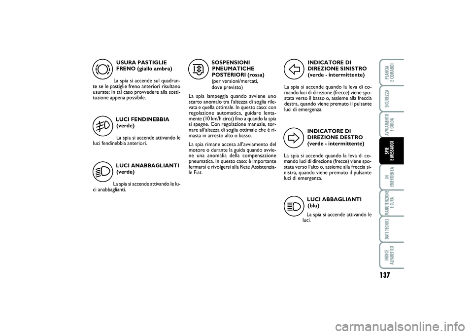FIAT SCUDO 2014 Libretto Uso Manutenzione (in Italian) 137
IN
EMERGENZAMANUTENZIONE
E CURADATI TECNICIINDICE
ALFABETICOPLANCIA
E COMANDISICUREZZAAVVIAMENTO
E GUIDASPIE
E MESSAGGI
USURA PASTIGLIE
FRENO (giallo ambra)
La spia si accende sul quadran-
te FIAT SCUDO 2014 Libretto Uso Manutenzione (in Italian) 137
IN
EMERGENZAMANUTENZIONE
E CURADATI TECNICIINDICE
ALFABETICOPLANCIA
E COMANDISICUREZZAAVVIAMENTO
E GUIDASPIE
E MESSAGGI
USURA PASTIGLIE
FRENO (giallo ambra)
La spia si accende sul quadran-
te