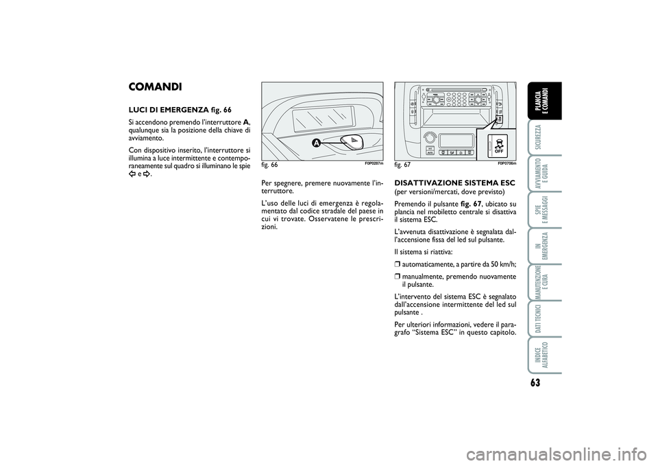 FIAT SCUDO 2014  Libretto Uso Manutenzione (in Italian) 63
SICUREZZAAVVIAMENTO 
E GUIDASPIE 
E MESSAGGIIN 
EMERGENZAMANUTENZIONE
E CURADATI TECNICIINDICE 
ALFABETICOPLANCIA 
E COMANDI
fig. 66
F0P0287m
COMANDILUCI DI EMERGENZA fig. 66
Si accendono premendo 