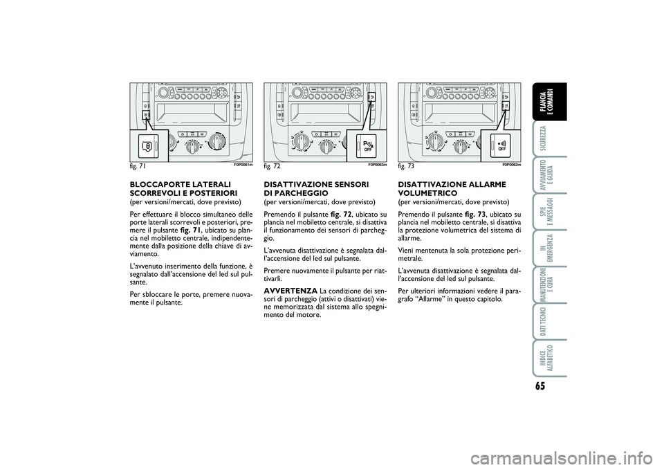 FIAT SCUDO 2014  Libretto Uso Manutenzione (in Italian) 65
SICUREZZAAVVIAMENTO 
E GUIDASPIE 
E MESSAGGIIN 
EMERGENZAMANUTENZIONE
E CURADATI TECNICIINDICE 
ALFABETICOPLANCIA 
E COMANDI
DISATTIVAZIONE ALLARME
VOLUMETRICO 
(per versioni/mercati, dove previsto