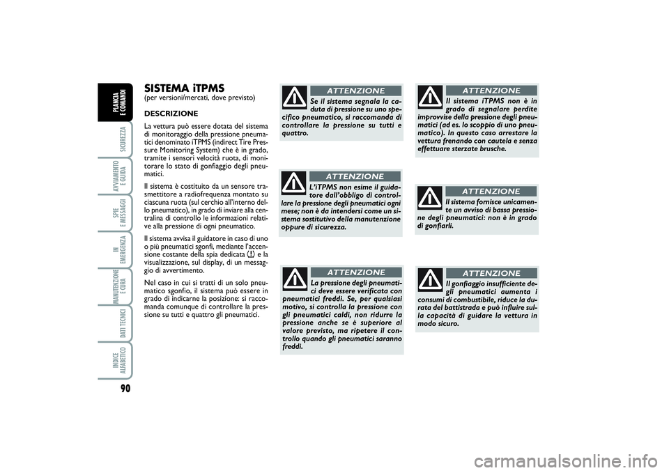 FIAT SCUDO 2014  Libretto Uso Manutenzione (in Italian) 90SICUREZZAAVVIAMENTO 
E GUIDASPIE 
E MESSAGGIIN 
EMERGENZAMANUTENZIONE
E CURA DATI TECNICIINDICE 
ALFABETICOPLANCIA 
E COMANDI
SISTEMA iTPMS(per versioni/mercati, dove previsto)
DESCRIZIONE
La vettur