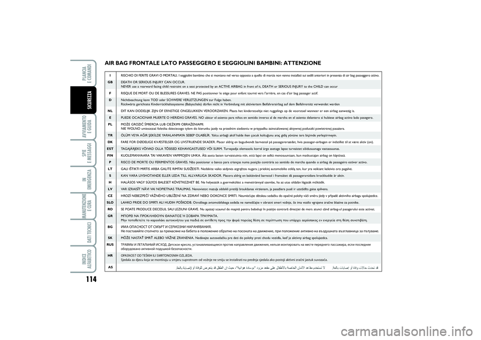 FIAT SCUDO 2015 Libretto Uso Manutenzione (in Italian) 114AVVIAMENTO
E GUIDASPIE
E MESSAGGIIN
EMERGENZAMANUTENZIONE
E CURA DATI TECNICIINDICE
ALFABETICOPLANCIA
E COMANDISICUREZZA
AIR BAG FRONTALE LATO PASSEGGERO E SEGGIOLINI BAMBINI: ATTENZIONEIRISCH FIAT SCUDO 2015 Libretto Uso Manutenzione (in Italian) 114AVVIAMENTO
E GUIDASPIE
E MESSAGGIIN
EMERGENZAMANUTENZIONE
E CURA DATI TECNICIINDICE
ALFABETICOPLANCIA
E COMANDISICUREZZA
AIR BAG FRONTALE LATO PASSEGGERO E SEGGIOLINI BAMBINI: ATTENZIONEIRISCH