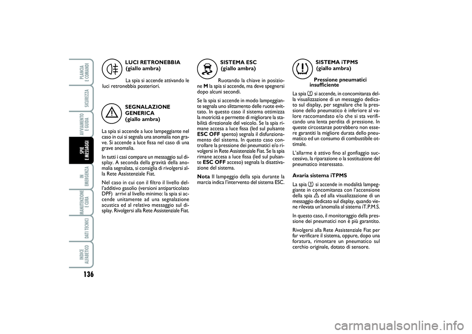 FIAT SCUDO 2015 Libretto Uso Manutenzione (in Italian) 136IN
EMERGENZAMANUTENZIONE
E CURA DATI TECNICIINDICE
ALFABETICOPLANCIA
E COMANDISICUREZZAAVVIAMENTO
E GUIDASPIE
E MESSAGGI
LUCI RETRONEBBIA
(giallo ambra)
La spia si accende attivando le
luci re FIAT SCUDO 2015 Libretto Uso Manutenzione (in Italian) 136IN
EMERGENZAMANUTENZIONE
E CURA DATI TECNICIINDICE
ALFABETICOPLANCIA
E COMANDISICUREZZAAVVIAMENTO
E GUIDASPIE
E MESSAGGI
LUCI RETRONEBBIA
(giallo ambra)
La spia si accende attivando le
luci re