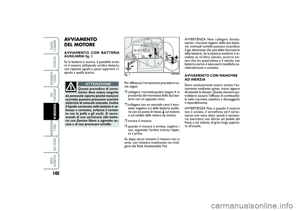 FIAT SCUDO 2015  Libretto Uso Manutenzione (in Italian) AVVIAMENTO 
DEL MOTOREAVVIAMENTO CON BATTERIA
AUSILIARIA fig. 1
Se la batteria è scarica, è possibile avvia-
re il motore utilizzando un’altra batteria,
con capacità uguale o poco superiore ri-
s