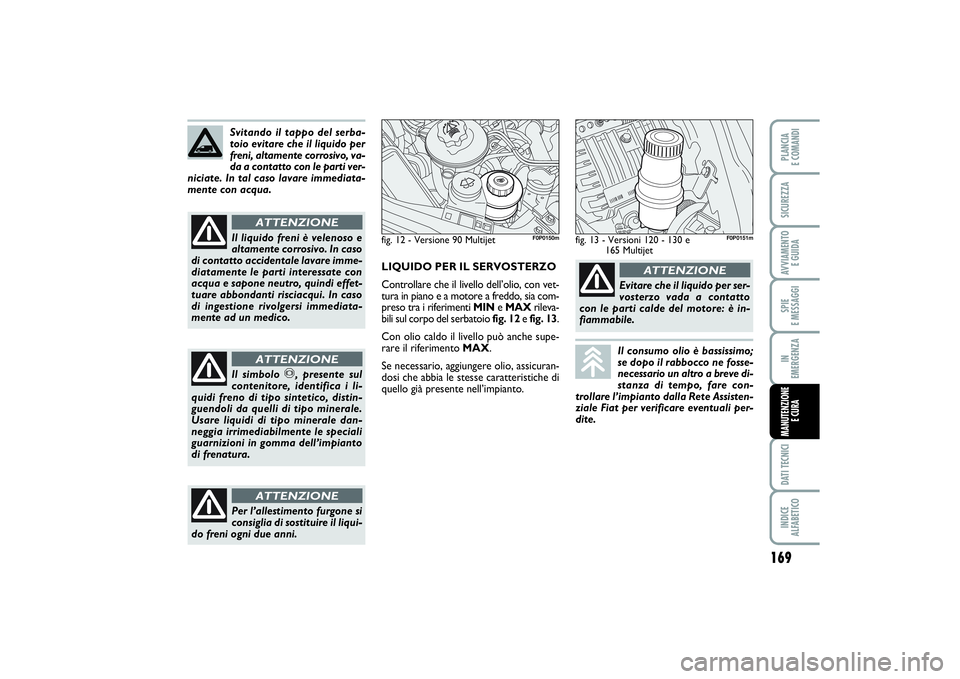 FIAT SCUDO 2016  Libretto Uso Manutenzione (in Italian) 169
SPIE 
E MESSAGGIDATI TECNICIINDICE 
ALFABETICOPLANCIA 
E COMANDISICUREZZAAVVIAMENTO 
E GUIDAIN 
EMERGENZAMANUTENZIONE
E CURA
Svitando il tappo del serba-
toio evitare che il liquido per
freni, alt