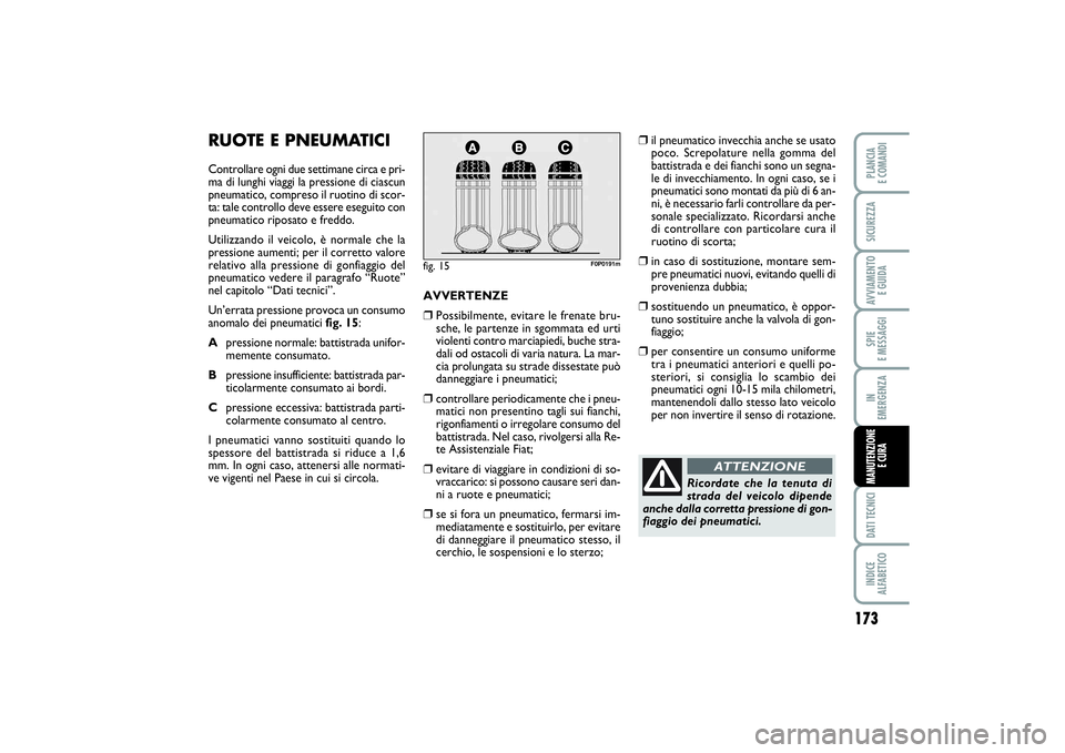 FIAT SCUDO 2016  Libretto Uso Manutenzione (in Italian) 173
SPIE 
E MESSAGGIDATI TECNICIINDICE 
ALFABETICOPLANCIA 
E COMANDISICUREZZAAVVIAMENTO 
E GUIDAIN 
EMERGENZAMANUTENZIONE
E CURA
RUOTE E PNEUMATICIControllare ogni due settimane circa e pri-
ma di lun