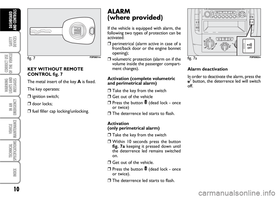 FIAT SCUDO 2010  Owner handbook (in English) 10
SAFETY
DEVICES
CORRECT USE
OF THE 
VEHICLE
WARNING
LIGHTS AND
MESSAGES
IN AN
EMERGENCY
VEHICLE
MAINTENANCE
TECHNICAL
SPECIFICATIONS
INDEX
DASHBOARD
AND CONTROLS
KEY WITHOUT REMOTE
CONTROL fig. 7
Th