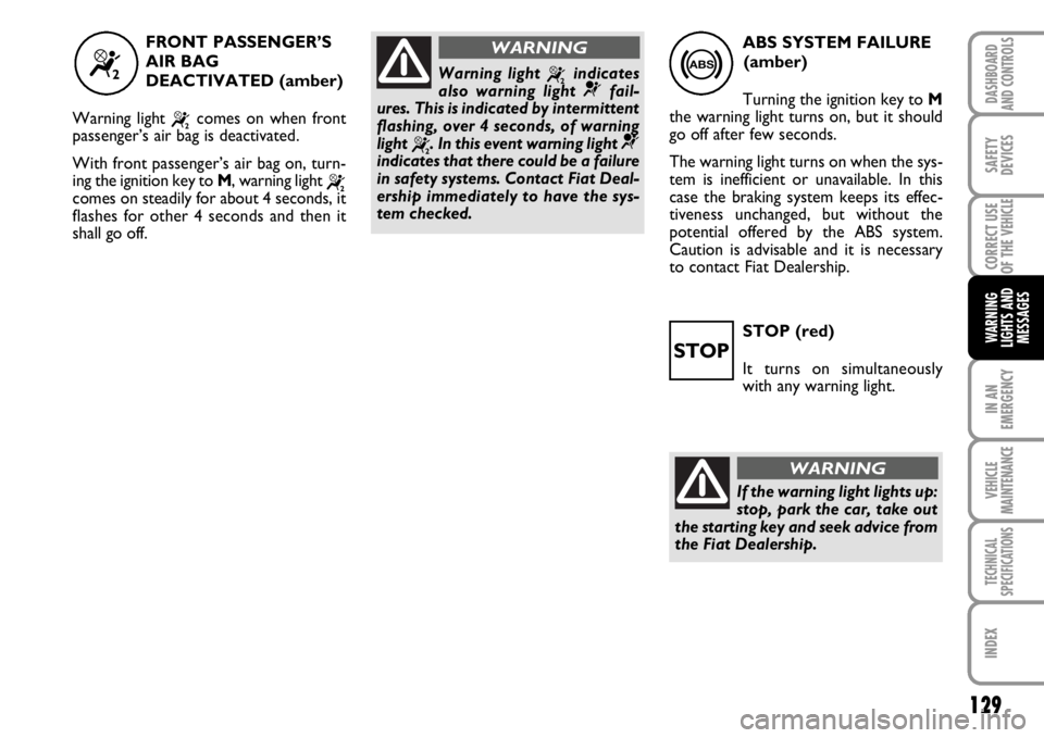 FIAT SCUDO 2010 Owner handbook (in English) 129
IN AN
EMERGENCY
VEHICLE
MAINTENANCE
TECHNICAL
SPECIFICATIONS
INDEX
DASHBOARD
AND CONTROLS
SAFETY
DEVICES
CORRECT USE
OF THE
VEHICLE
WARNING
LIGHTS AND
MESSAGESSTOP (red)
It turns on simultaneousl FIAT SCUDO 2010 Owner handbook (in English) 129
IN AN
EMERGENCY
VEHICLE
MAINTENANCE
TECHNICAL
SPECIFICATIONS
INDEX
DASHBOARD
AND CONTROLS
SAFETY
DEVICES
CORRECT USE
OF THE
VEHICLE
WARNING
LIGHTS AND
MESSAGESSTOP (red)
It turns on simultaneousl