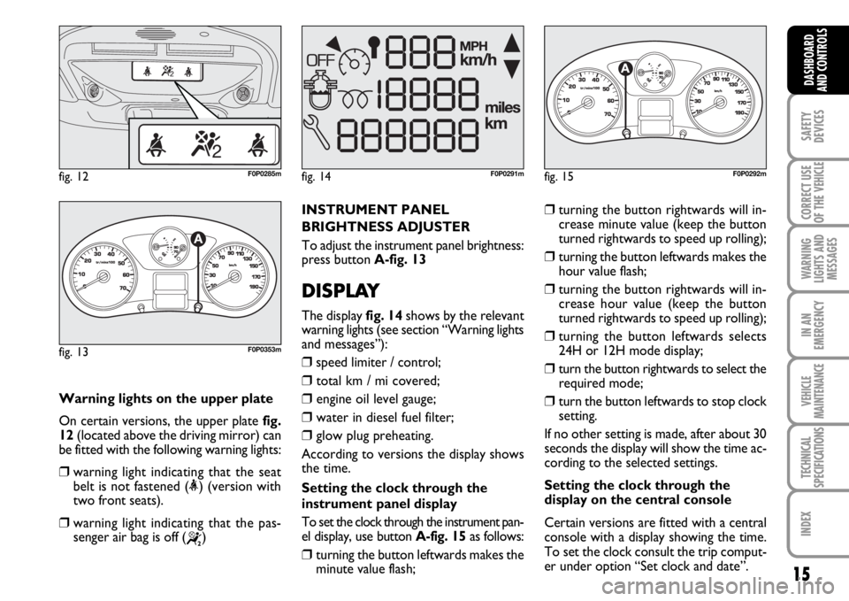 FIAT SCUDO 2010  Owner handbook (in English) 15
SAFETY
DEVICES
CORRECT USE
OF THE 
VEHICLE
WARNING
LIGHTS AND
MESSAGES
IN AN
EMERGENCY
VEHICLE
MAINTENANCE
TECHNICAL
SPECIFICATIONS
INDEX
DASHBOARD
AND CONTROLS
Warning lights on the upper plate
On