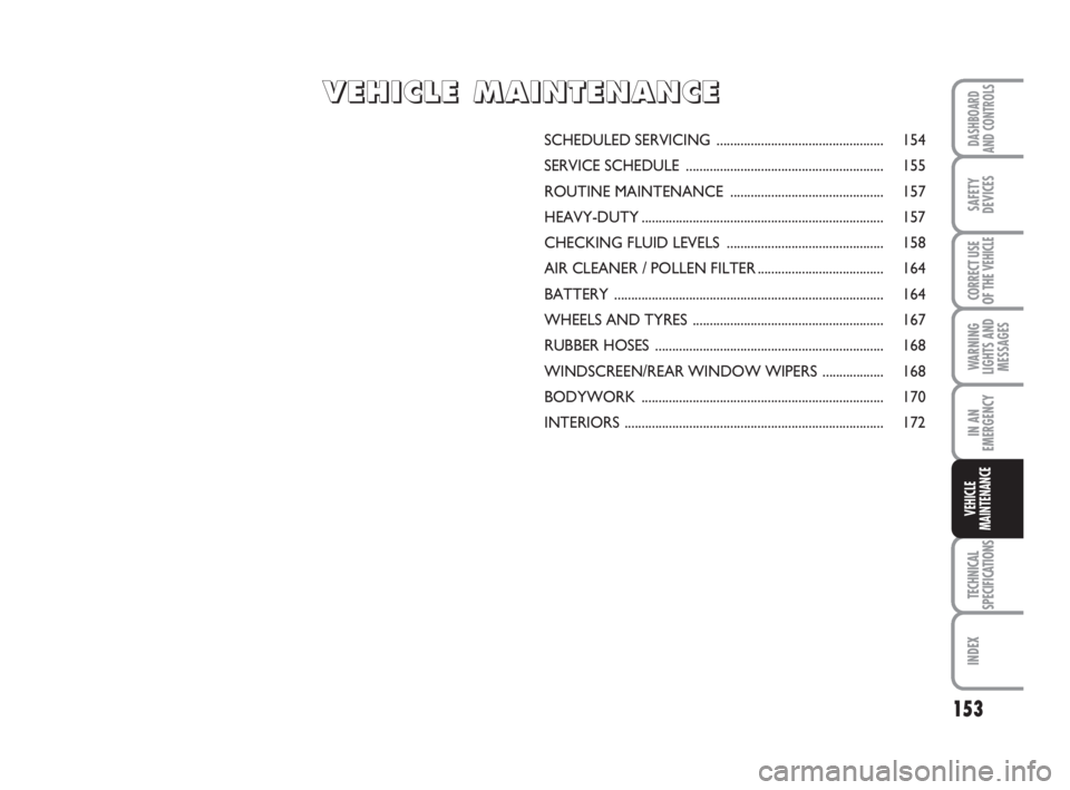 FIAT SCUDO 2010  Owner handbook (in English) 153
WARNING
LIGHTS AND
MESSAGES
TECHNICAL
SPECIFICATIONS
INDEX
DASHBOARD
AND CONTROLS
SAFETY
DEVICES
CORRECT USE
OF THE 
VEHICLE
IN AN
EMERGENCY
VEHICLE
MAINTENANCE
SCHEDULED SERVICING ...............