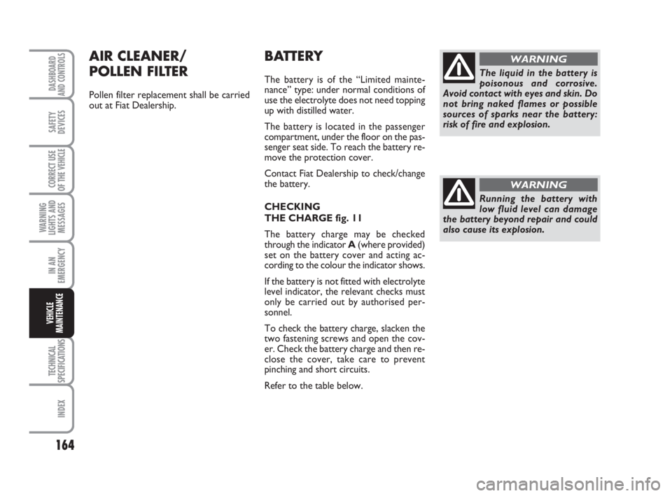 FIAT SCUDO 2010 Owner handbook (in English) 164
WARNING
LIGHTS AND
MESSAGES
TECHNICAL
SPECIFICATIONS
INDEX
DASHBOARD
AND CONTROLS
SAFETY
DEVICES
CORRECT USE
OF THE
VEHICLE
IN AN
EMERGENCY
VEHICLE
MAINTENANCE
BATTERY
The battery is of the “Li FIAT SCUDO 2010 Owner handbook (in English) 164
WARNING
LIGHTS AND
MESSAGES
TECHNICAL
SPECIFICATIONS
INDEX
DASHBOARD
AND CONTROLS
SAFETY
DEVICES
CORRECT USE
OF THE
VEHICLE
IN AN
EMERGENCY
VEHICLE
MAINTENANCE
BATTERY
The battery is of the “Li