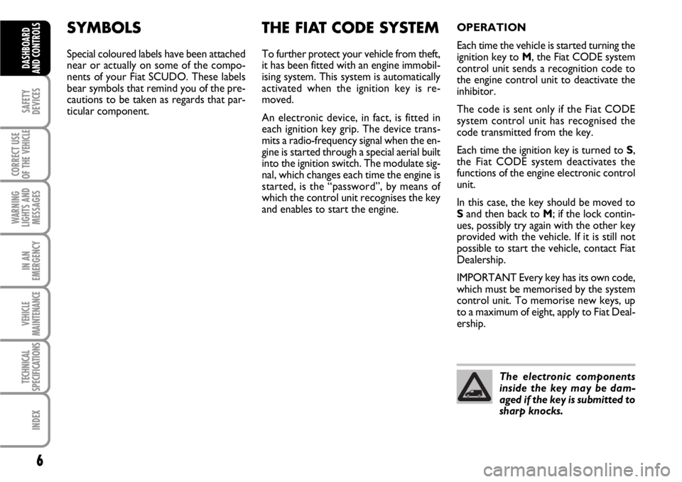 FIAT SCUDO 2010  Owner handbook (in English) 6
SAFETY
DEVICES
CORRECT USE
OF THE 
VEHICLE
WARNING
LIGHTS AND
MESSAGES
IN AN
EMERGENCY
VEHICLE
MAINTENANCE
TECHNICAL
SPECIFICATIONS
INDEX
DASHBOARD
AND CONTROLS
SYMBOLS
Special coloured labels have 