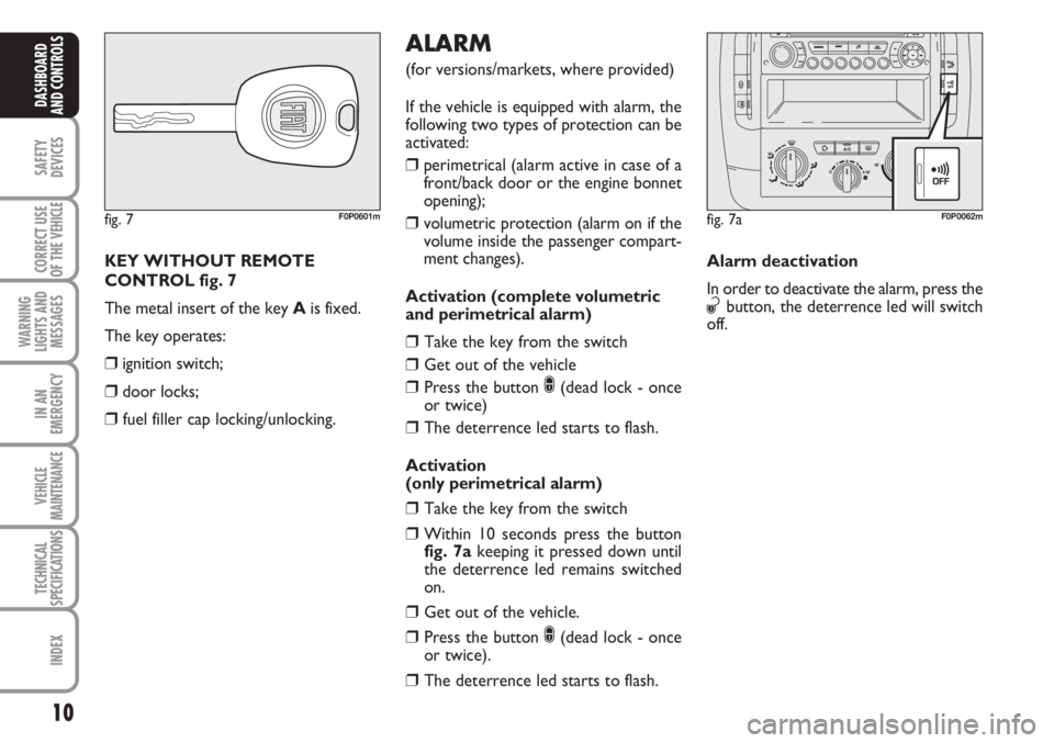 FIAT SCUDO 2011 Owner handbook (in English) 10
SAFETY
DEVICES
CORRECT USE
OF THE
VEHICLE
WARNING
LIGHTS AND
MESSAGES
IN AN
EMERGENCY
VEHICLE
MAINTENANCE
TECHNICAL
SPECIFICATIONS
INDEX
DASHBOARD
AND CONTROLS
KEY WITHOUT REMOTE
CONTROL fig. 7
Th FIAT SCUDO 2011 Owner handbook (in English) 10
SAFETY
DEVICES
CORRECT USE
OF THE
VEHICLE
WARNING
LIGHTS AND
MESSAGES
IN AN
EMERGENCY
VEHICLE
MAINTENANCE
TECHNICAL
SPECIFICATIONS
INDEX
DASHBOARD
AND CONTROLS
KEY WITHOUT REMOTE
CONTROL fig. 7
Th