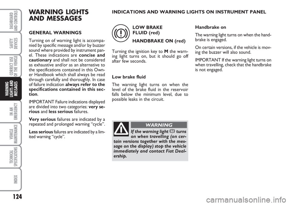 FIAT SCUDO 2011 Owner handbook (in English) 124
IN AN
EMERGENCY
VEHICLE
MAINTENANCE
TECHNICAL
SPECIFICATIONS
INDEX
DASHBOARD
AND CONTROLS
SAFETY
DEVICES
CORRECT USE
OF THE
VEHICLE
WARNING
LIGHTS AND
MESSAGES
WARNING LIGHTS
AND MESSAGES
GENERAL FIAT SCUDO 2011 Owner handbook (in English) 124
IN AN
EMERGENCY
VEHICLE
MAINTENANCE
TECHNICAL
SPECIFICATIONS
INDEX
DASHBOARD
AND CONTROLS
SAFETY
DEVICES
CORRECT USE
OF THE
VEHICLE
WARNING
LIGHTS AND
MESSAGES
WARNING LIGHTS
AND MESSAGES
GENERAL