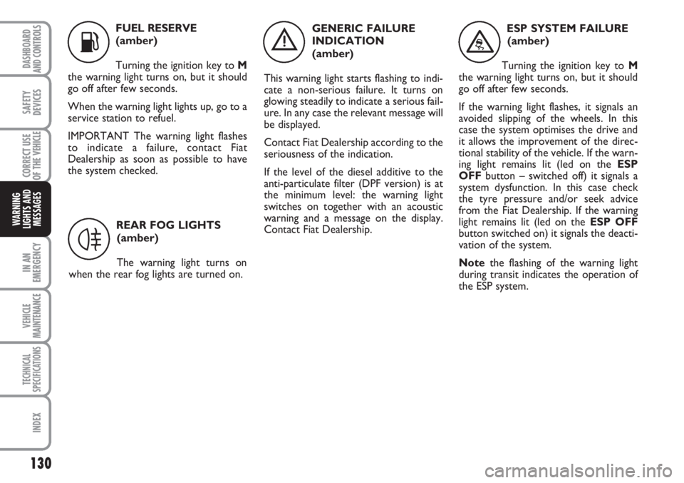 FIAT SCUDO 2011 Owner handbook (in English) 130
IN AN
EMERGENCY
VEHICLE
MAINTENANCE
TECHNICAL
SPECIFICATIONS
INDEX
DASHBOARD
AND CONTROLS
SAFETY
DEVICES
CORRECT USE
OF THE
VEHICLE
WARNING
LIGHTS AND
MESSAGES
K
FUEL RESERVE
(amber)
Turning the FIAT SCUDO 2011 Owner handbook (in English) 130
IN AN
EMERGENCY
VEHICLE
MAINTENANCE
TECHNICAL
SPECIFICATIONS
INDEX
DASHBOARD
AND CONTROLS
SAFETY
DEVICES
CORRECT USE
OF THE
VEHICLE
WARNING
LIGHTS AND
MESSAGES
K
FUEL RESERVE
(amber)
Turning the