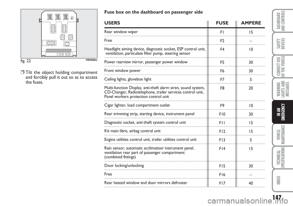 FIAT SCUDO 2011 Owner handbook (in English) 147
WARNING
LIGHTS AND
MESSAGES
VEHICLE
MAINTENANCE
TECHNICAL
SPECIFICATIONS
INDEX
DASHBOARD
AND CONTROLS
SAFETY
DEVICES
CORRECT USE
OF THE
VEHICLE
IN AN
EMERGENCY
fig. 22F0P0299m
F1
F2
F4
F5
F6
F7
F FIAT SCUDO 2011 Owner handbook (in English) 147
WARNING
LIGHTS AND
MESSAGES
VEHICLE
MAINTENANCE
TECHNICAL
SPECIFICATIONS
INDEX
DASHBOARD
AND CONTROLS
SAFETY
DEVICES
CORRECT USE
OF THE
VEHICLE
IN AN
EMERGENCY
fig. 22F0P0299m
F1
F2
F4
F5
F6
F7
F