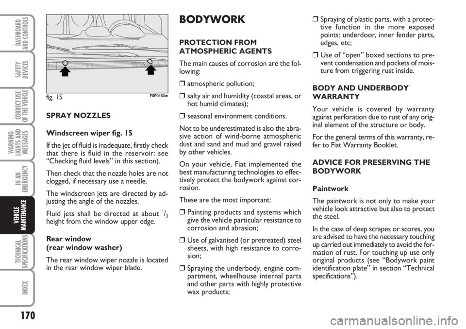 FIAT SCUDO 2011 Owner handbook (in English) 170
WARNING
LIGHTS AND
MESSAGES
TECHNICAL
SPECIFICATIONS
INDEX
DASHBOARD
AND CONTROLS
SAFETY
DEVICES
CORRECT USE
OF THE
VEHICLE
IN AN
EMERGENCY
VEHICLE
MAINTENANCE
❒Spraying of plastic parts, with FIAT SCUDO 2011 Owner handbook (in English) 170
WARNING
LIGHTS AND
MESSAGES
TECHNICAL
SPECIFICATIONS
INDEX
DASHBOARD
AND CONTROLS
SAFETY
DEVICES
CORRECT USE
OF THE
VEHICLE
IN AN
EMERGENCY
VEHICLE
MAINTENANCE
❒Spraying of plastic parts, with
