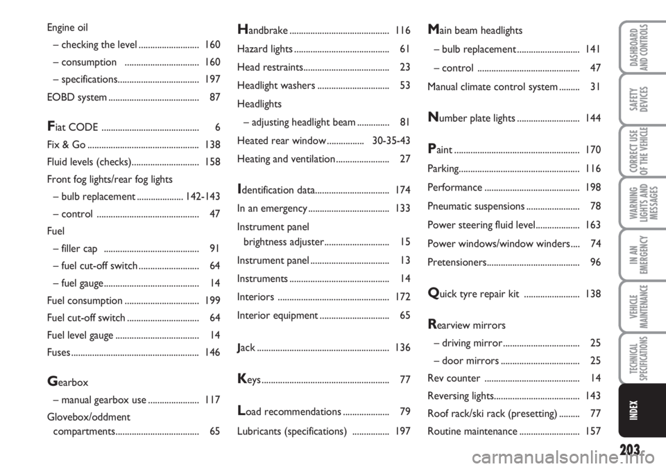 FIAT SCUDO 2011  Owner handbook (in English) 203
WARNING
LIGHTS AND
MESSAGES
DASHBOARD
AND CONTROLS
SAFETY
DEVICES
CORRECT USE
OF THE 
VEHICLE
IN AN
EMERGENCY
VEHICLE
MAINTENANCE
TECHNICAL
SPECIFICATIONS
INDEX
Handbrake .........................
