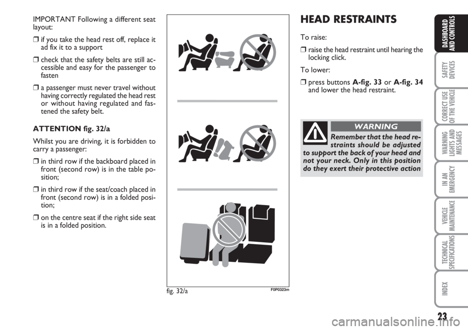 FIAT SCUDO 2011 Owner handbook (in English) 23
SAFETY
DEVICES
CORRECT USE
OF THE
VEHICLE
WARNING
LIGHTS AND
MESSAGES
IN AN
EMERGENCY
VEHICLE
MAINTENANCE
TECHNICAL
SPECIFICATIONS
INDEX
DASHBOARD
AND CONTROLS
HEAD RESTRAINTS
To raise:
❒raise t FIAT SCUDO 2011 Owner handbook (in English) 23
SAFETY
DEVICES
CORRECT USE
OF THE
VEHICLE
WARNING
LIGHTS AND
MESSAGES
IN AN
EMERGENCY
VEHICLE
MAINTENANCE
TECHNICAL
SPECIFICATIONS
INDEX
DASHBOARD
AND CONTROLS
HEAD RESTRAINTS
To raise:
❒raise t