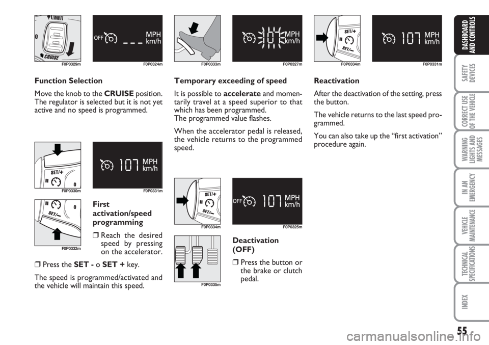 FIAT SCUDO 2011 Owner handbook (in English) 55
SAFETY
DEVICES
CORRECT USE
OF THE
VEHICLE
WARNING
LIGHTS AND
MESSAGES
IN AN
EMERGENCY
VEHICLE
MAINTENANCE
TECHNICAL
SPECIFICATIONS
INDEX
DASHBOARD
AND CONTROLS
F0P0329m F0P0324m
F0P0330m F0P0331m
FIAT SCUDO 2011 Owner handbook (in English) 55
SAFETY
DEVICES
CORRECT USE
OF THE
VEHICLE
WARNING
LIGHTS AND
MESSAGES
IN AN
EMERGENCY
VEHICLE
MAINTENANCE
TECHNICAL
SPECIFICATIONS
INDEX
DASHBOARD
AND CONTROLS
F0P0329m F0P0324m
F0P0330m F0P0331m