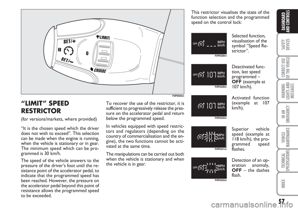 FIAT SCUDO 2011 Owner handbook (in English) 57
SAFETY
DEVICES
CORRECT USE
OF THE
VEHICLE
WARNING
LIGHTS AND
MESSAGES
IN AN
EMERGENCY
VEHICLE
MAINTENANCE
TECHNICAL
SPECIFICATIONS
INDEX
DASHBOARD
AND CONTROLS
F0P0055m
F0P0338m
F0P0339m
F0P0340m
FIAT SCUDO 2011 Owner handbook (in English) 57
SAFETY
DEVICES
CORRECT USE
OF THE
VEHICLE
WARNING
LIGHTS AND
MESSAGES
IN AN
EMERGENCY
VEHICLE
MAINTENANCE
TECHNICAL
SPECIFICATIONS
INDEX
DASHBOARD
AND CONTROLS
F0P0055m
F0P0338m
F0P0339m
F0P0340m
