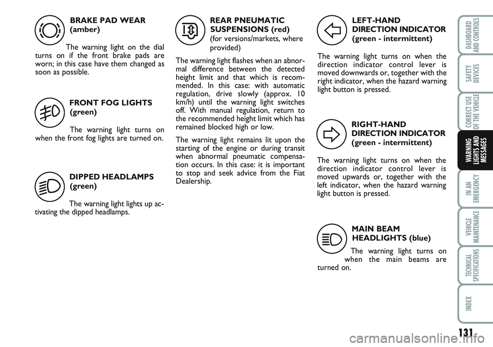 FIAT SCUDO 2012 Owner handbook (in English) 131
IN AN
EMERGENCY
VEHICLE
MAINTENANCE
TECHNICAL
SPECIFICATIONS
INDEX
DASHBOARD
AND CONTROLS
SAFETY
DEVICES
CORRECT USE
OF THE
VEHICLE
WARNING
LIGHTS AND
MESSAGES
BRAKE PAD WEAR
(amber)
The warning FIAT SCUDO 2012 Owner handbook (in English) 131
IN AN
EMERGENCY
VEHICLE
MAINTENANCE
TECHNICAL
SPECIFICATIONS
INDEX
DASHBOARD
AND CONTROLS
SAFETY
DEVICES
CORRECT USE
OF THE
VEHICLE
WARNING
LIGHTS AND
MESSAGES
BRAKE PAD WEAR
(amber)
The warning