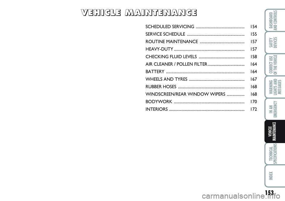 FIAT SCUDO 2012  Owner handbook (in English) 153
WARNING
LIGHTS AND
MESSAGES
TECHNICAL
SPECIFICATIONS
INDEX
DASHBOARD
AND CONTROLS
SAFETY
DEVICES
CORRECT USE
OF THE 
VEHICLE
IN AN
EMERGENCY
VEHICLE
MAINTENANCE
SCHEDULED SERVICING ...............