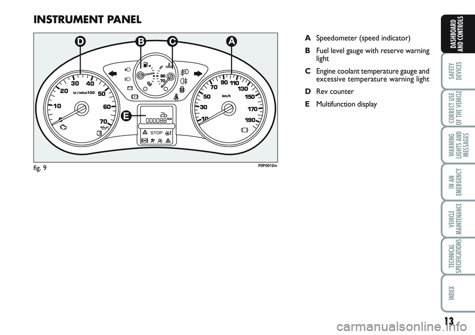 FIAT SCUDO 2012 Owner handbook (in English) 13
SAFETY
DEVICES
CORRECT USE
OF THE
VEHICLE
WARNING
LIGHTS AND
MESSAGES
IN AN
EMERGENCY
VEHICLE
MAINTENANCE
TECHNICAL
SPECIFICATIONS
INDEX
DASHBOARD
AND CONTROLS
INSTRUMENT PANEL
ASpeedometer (speed FIAT SCUDO 2012 Owner handbook (in English) 13
SAFETY
DEVICES
CORRECT USE
OF THE
VEHICLE
WARNING
LIGHTS AND
MESSAGES
IN AN
EMERGENCY
VEHICLE
MAINTENANCE
TECHNICAL
SPECIFICATIONS
INDEX
DASHBOARD
AND CONTROLS
INSTRUMENT PANEL
ASpeedometer (speed