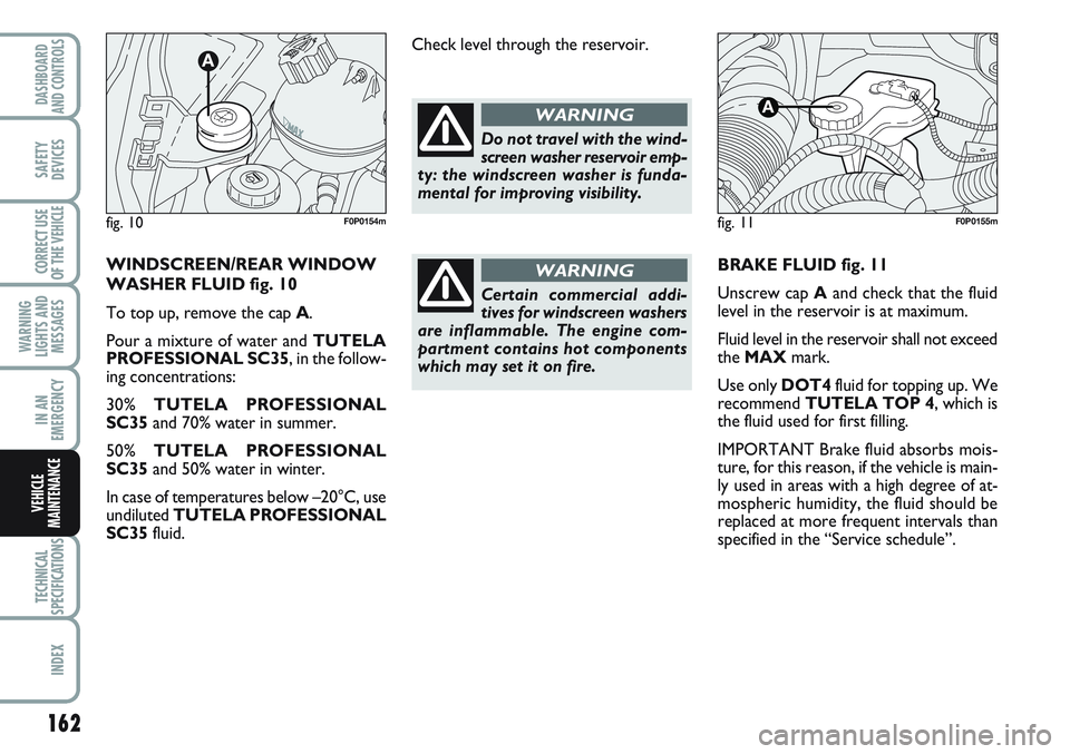 FIAT SCUDO 2012  Owner handbook (in English) 162
WARNING
LIGHTS AND
MESSAGES
TECHNICAL
SPECIFICATIONS
INDEX
DASHBOARD
AND CONTROLS
SAFETY
DEVICES
CORRECT USE
OF THE 
VEHICLE
IN AN
EMERGENCY
VEHICLE
MAINTENANCE
BRAKE FLUID fig. 11
Unscrew cap Aan