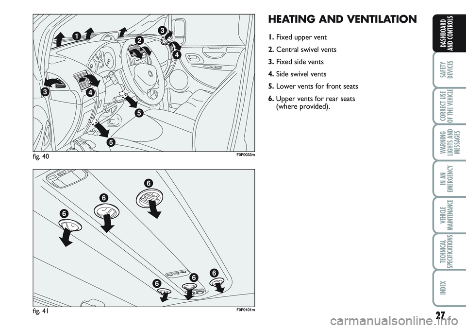 FIAT SCUDO 2012  Owner handbook (in English) 27
SAFETY
DEVICES
CORRECT USE
OF THE 
VEHICLE
WARNING
LIGHTS AND
MESSAGES
IN AN
EMERGENCY
VEHICLE
MAINTENANCE
TECHNICAL
SPECIFICATIONS
INDEX
DASHBOARD
AND CONTROLS
HEATING AND VENTILATION
1.Fixed uppe