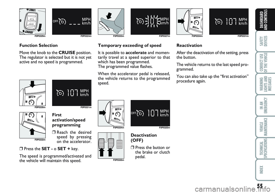 FIAT SCUDO 2012 Owner handbook (in English) 55
SAFETY
DEVICES
CORRECT USE
OF THE
VEHICLE
WARNING
LIGHTS AND
MESSAGES
IN AN
EMERGENCY
VEHICLE
MAINTENANCE
TECHNICAL
SPECIFICATIONS
INDEX
DASHBOARD
AND CONTROLS
F0P0329m F0P0324m
F0P0330m F0P0331m
FIAT SCUDO 2012 Owner handbook (in English) 55
SAFETY
DEVICES
CORRECT USE
OF THE
VEHICLE
WARNING
LIGHTS AND
MESSAGES
IN AN
EMERGENCY
VEHICLE
MAINTENANCE
TECHNICAL
SPECIFICATIONS
INDEX
DASHBOARD
AND CONTROLS
F0P0329m F0P0324m
F0P0330m F0P0331m