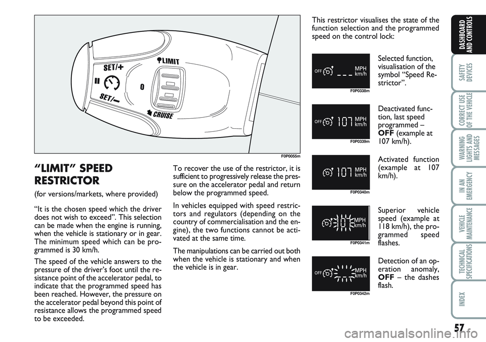 FIAT SCUDO 2012 Owner handbook (in English) 57
SAFETY
DEVICES
CORRECT USE
OF THE
VEHICLE
WARNING
LIGHTS AND
MESSAGES
IN AN
EMERGENCY
VEHICLE
MAINTENANCE
TECHNICAL
SPECIFICATIONS
INDEX
DASHBOARD
AND CONTROLS
F0P0055m
F0P0338m
F0P0339m
F0P0340m
FIAT SCUDO 2012 Owner handbook (in English) 57
SAFETY
DEVICES
CORRECT USE
OF THE
VEHICLE
WARNING
LIGHTS AND
MESSAGES
IN AN
EMERGENCY
VEHICLE
MAINTENANCE
TECHNICAL
SPECIFICATIONS
INDEX
DASHBOARD
AND CONTROLS
F0P0055m
F0P0338m
F0P0339m
F0P0340m