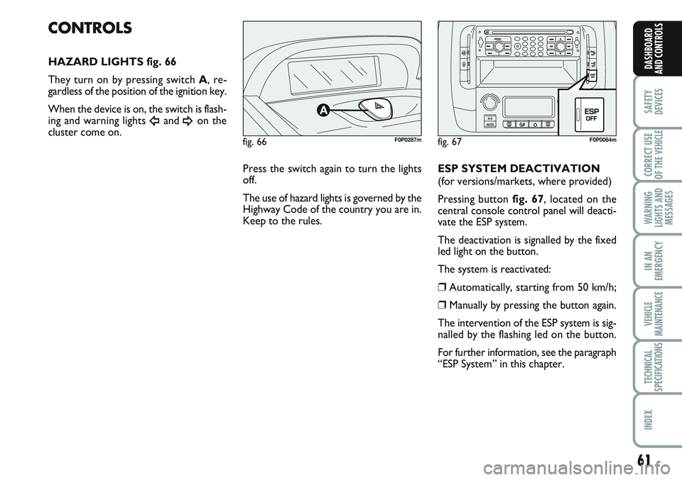 FIAT SCUDO 2012 Owner handbook (in English) 61
SAFETY
DEVICES
CORRECT USE
OF THE
VEHICLE
WARNING
LIGHTS AND
MESSAGES
IN AN
EMERGENCY
VEHICLE
MAINTENANCE
TECHNICAL
SPECIFICATIONS
INDEX
DASHBOARD
AND CONTROLS
fig. 66F0P0287m
CONTROLS
HAZARD LIGH FIAT SCUDO 2012 Owner handbook (in English) 61
SAFETY
DEVICES
CORRECT USE
OF THE
VEHICLE
WARNING
LIGHTS AND
MESSAGES
IN AN
EMERGENCY
VEHICLE
MAINTENANCE
TECHNICAL
SPECIFICATIONS
INDEX
DASHBOARD
AND CONTROLS
fig. 66F0P0287m
CONTROLS
HAZARD LIGH