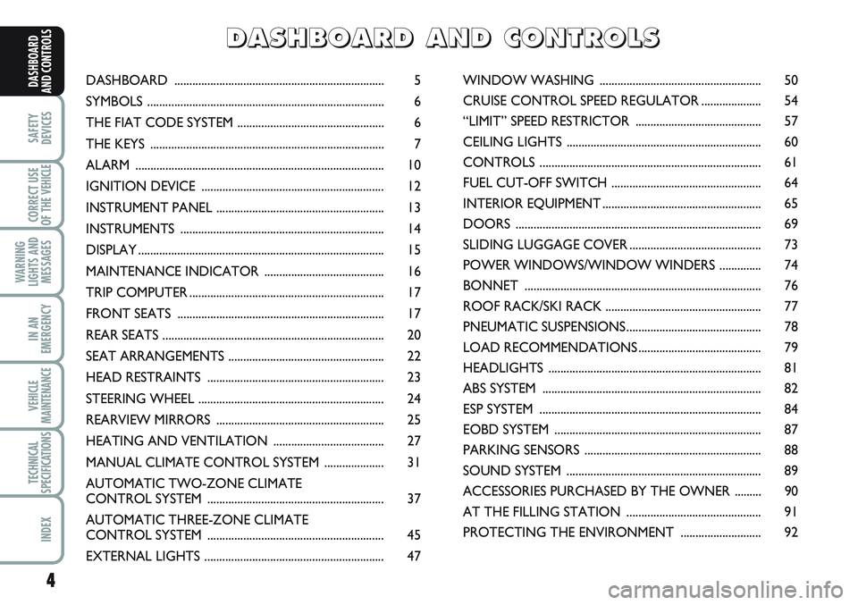 FIAT SCUDO 2012  Owner handbook (in English) 4
SAFETY
DEVICES
CORRECT USE
OF THE 
VEHICLE
WARNING
LIGHTS AND
MESSAGES
IN AN
EMERGENCY
VEHICLE
MAINTENANCE
TECHNICAL
SPECIFICATIONS
INDEX
DASHBOARD
AND CONTROLSDASHBOARD ............................