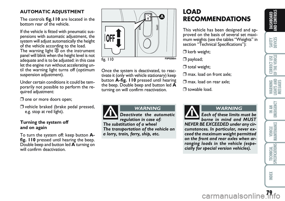 FIAT SCUDO 2012 Owner handbook (in English) 79
SAFETY
DEVICES
CORRECT USE
OF THE
VEHICLE
WARNING
LIGHTS AND
MESSAGES
IN AN
EMERGENCY
VEHICLE
MAINTENANCE
TECHNICAL
SPECIFICATIONS
INDEX
DASHBOARD
AND CONTROLS
AUTOMATIC ADJUSTMENT
The controls fi FIAT SCUDO 2012 Owner handbook (in English) 79
SAFETY
DEVICES
CORRECT USE
OF THE
VEHICLE
WARNING
LIGHTS AND
MESSAGES
IN AN
EMERGENCY
VEHICLE
MAINTENANCE
TECHNICAL
SPECIFICATIONS
INDEX
DASHBOARD
AND CONTROLS
AUTOMATIC ADJUSTMENT
The controls fi