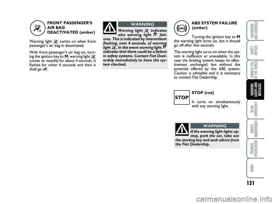 FIAT SCUDO 2013 Owner handbook (in English) 131
IN AN
EMERGENCY
VEHICLE
MAINTENANCE
TECHNICAL
SPECIFICATIONS
INDEX
DASHBOARD
AND CONTROLS
SAFETY
DEVICES
CORRECT USE
OF THE
VEHICLE
WARNING
LIGHTS AND
MESSAGESSTOP (red)
It turns on simultaneousl FIAT SCUDO 2013 Owner handbook (in English) 131
IN AN
EMERGENCY
VEHICLE
MAINTENANCE
TECHNICAL
SPECIFICATIONS
INDEX
DASHBOARD
AND CONTROLS
SAFETY
DEVICES
CORRECT USE
OF THE
VEHICLE
WARNING
LIGHTS AND
MESSAGESSTOP (red)
It turns on simultaneousl