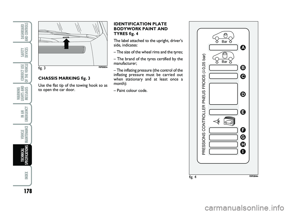 FIAT SCUDO 2013 Owner handbook (in English) IDENTIFICATION PLATE
BODYWORK PAINT AND
TYRES fig. 4
The label attached to the upright, driver’s
side, indicates:
– The size of the wheel rims and the tyres;
– The brand of the tyres certified b FIAT SCUDO 2013 Owner handbook (in English) IDENTIFICATION PLATE
BODYWORK PAINT AND
TYRES fig. 4
The label attached to the upright, driver’s
side, indicates:
– The size of the wheel rims and the tyres;
– The brand of the tyres certified b