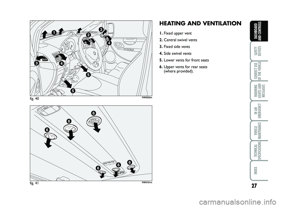 FIAT SCUDO 2013  Owner handbook (in English) 27
SAFETY
DEVICES
CORRECT USE
OF THE 
VEHICLE 
WARNING
LIGHTS AND
MESSAGES
IN AN
EMERGENCY
VEHICLE
MAINTENANCE
TECHNICAL
SPECIFICATIONS
INDEX 
DASHBOARD
AND CONTROLS
HEATING AND VENTILATION
1.Fixed up