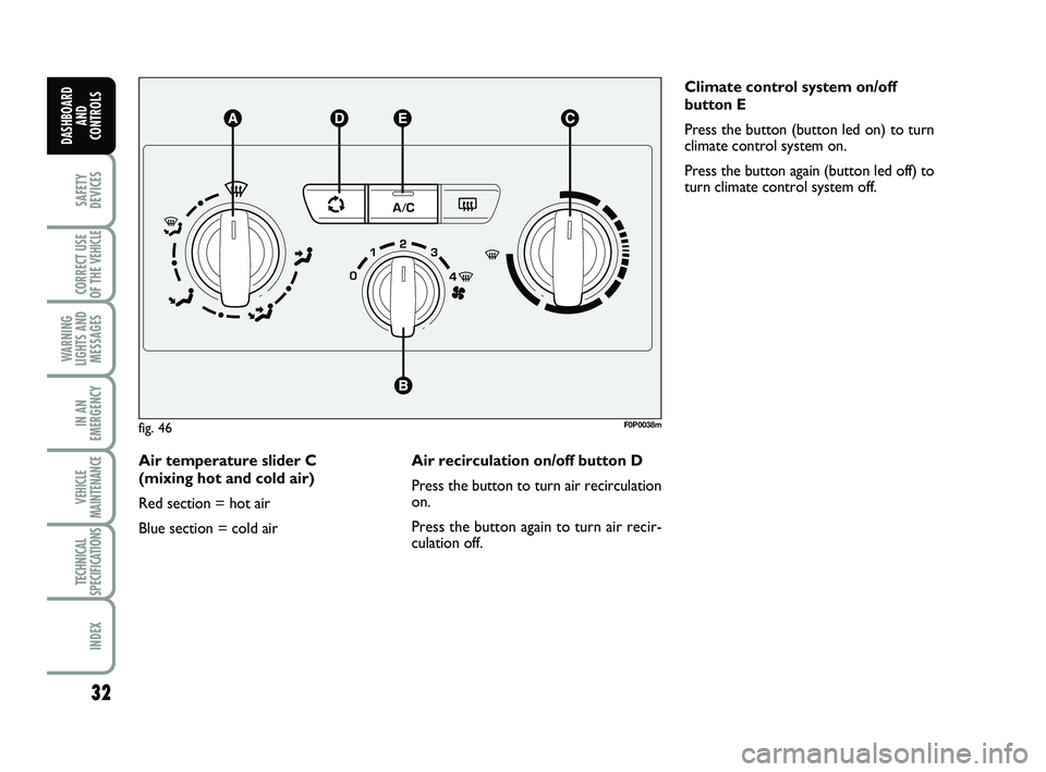 FIAT SCUDO 2013 Owner handbook (in English) 32
SAFETY
DEVICES
CORRECT USE
OF THE
VEHICLE
WARNING
LIGHTS AND
MESSAGES
IN AN
EMERGENCY
VEHICLE
MAINTENANCE
TECHNICAL
SPECIFICATIONS
INDEX
DASHBOARD
AND
CONTROLS
Air temperature slider C
(mixing h FIAT SCUDO 2013 Owner handbook (in English) 32
SAFETY
DEVICES
CORRECT USE
OF THE
VEHICLE
WARNING
LIGHTS AND
MESSAGES
IN AN
EMERGENCY
VEHICLE
MAINTENANCE
TECHNICAL
SPECIFICATIONS
INDEX
DASHBOARD
AND
CONTROLS
Air temperature slider C
(mixing h