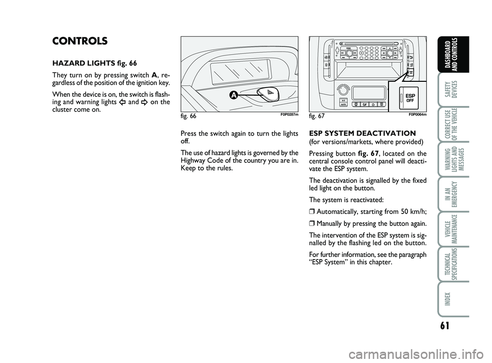 FIAT SCUDO 2013 Owner handbook (in English) 61
SAFETY
DEVICES
CORRECT USE
OF THE
VEHICLE
WARNING
LIGHTS AND
MESSAGES
IN AN
EMERGENCY
VEHICLE
MAINTENANCE
TECHNICAL
SPECIFICATIONS
INDEX
DASHBOARD
AND CONTROLS
fig. 66F0P0287m
CONTROLS
HAZARD LI FIAT SCUDO 2013 Owner handbook (in English) 61
SAFETY
DEVICES
CORRECT USE
OF THE
VEHICLE
WARNING
LIGHTS AND
MESSAGES
IN AN
EMERGENCY
VEHICLE
MAINTENANCE
TECHNICAL
SPECIFICATIONS
INDEX
DASHBOARD
AND CONTROLS
fig. 66F0P0287m
CONTROLS
HAZARD LI