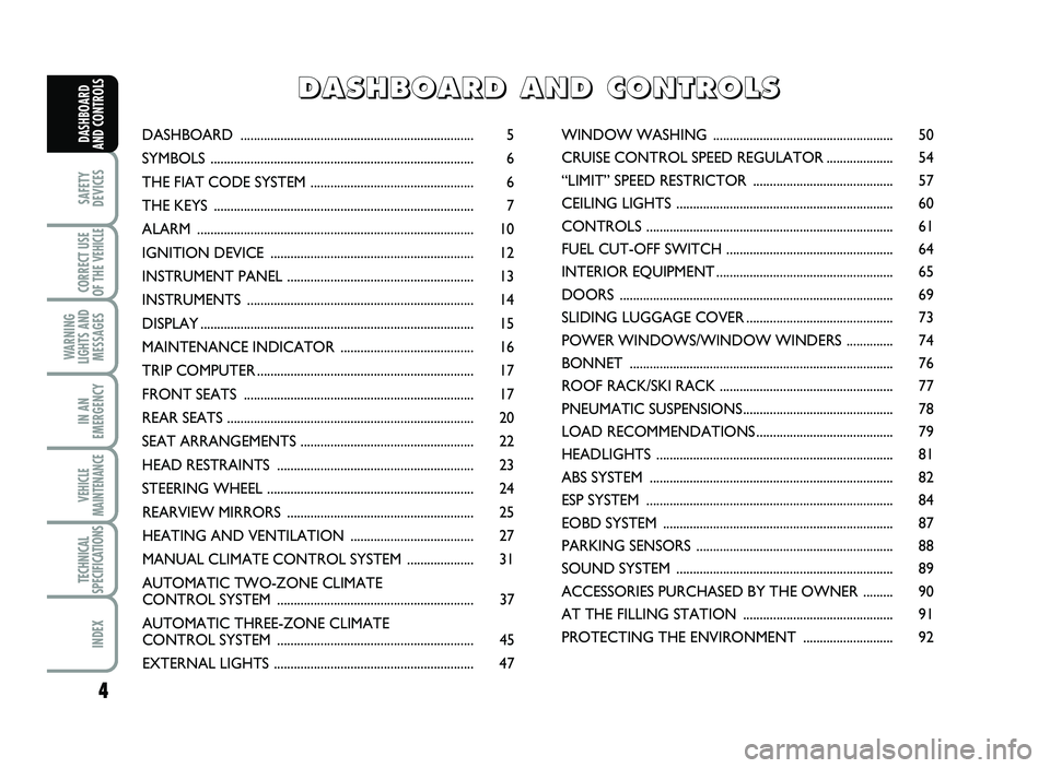 FIAT SCUDO 2013  Owner handbook (in English) 4
SAFETY
DEVICES
CORRECT USE
OF T\bE 
VE\bICLE 
WAR\fI\fG
LIG\bTS A\fD
MESSAGES
I\f A\f
EMERGE\fCY
VE\bICLE
MAI\fTE\fA\fCE
TEC\b\fICAL
SPECIFICATIO\fS
I\fDEX
DAS\bBOARD
A\fD CO\fTROLSDASH BO ARD  ....