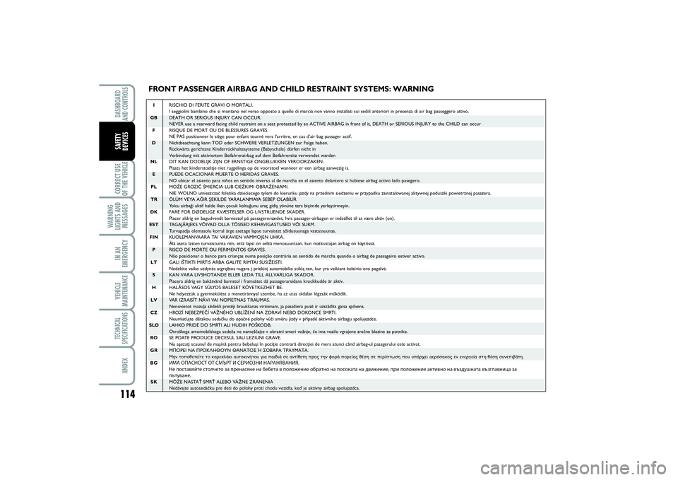 FIAT SCUDO 2014 Owner handbook (in English) 114CORRECT USE
OF THE VEHICLE
WARNING
LIGHTS AND
MESSAGESIN AN
EMERGENCYVEHICLE
MAINTENANCETECHNICAL
SPECIFICATIONSIINDEXDASHBOARD
AND CONTROLSSAFETY
DEVICES
FRONT PASSENGER AIRBAG AND CHILD RESTRAI FIAT SCUDO 2014 Owner handbook (in English) 114CORRECT USE
OF THE VEHICLE
WARNING
LIGHTS AND
MESSAGESIN AN
EMERGENCYVEHICLE
MAINTENANCETECHNICAL
SPECIFICATIONSIINDEXDASHBOARD
AND CONTROLSSAFETY
DEVICES
FRONT PASSENGER AIRBAG AND CHILD RESTRAI